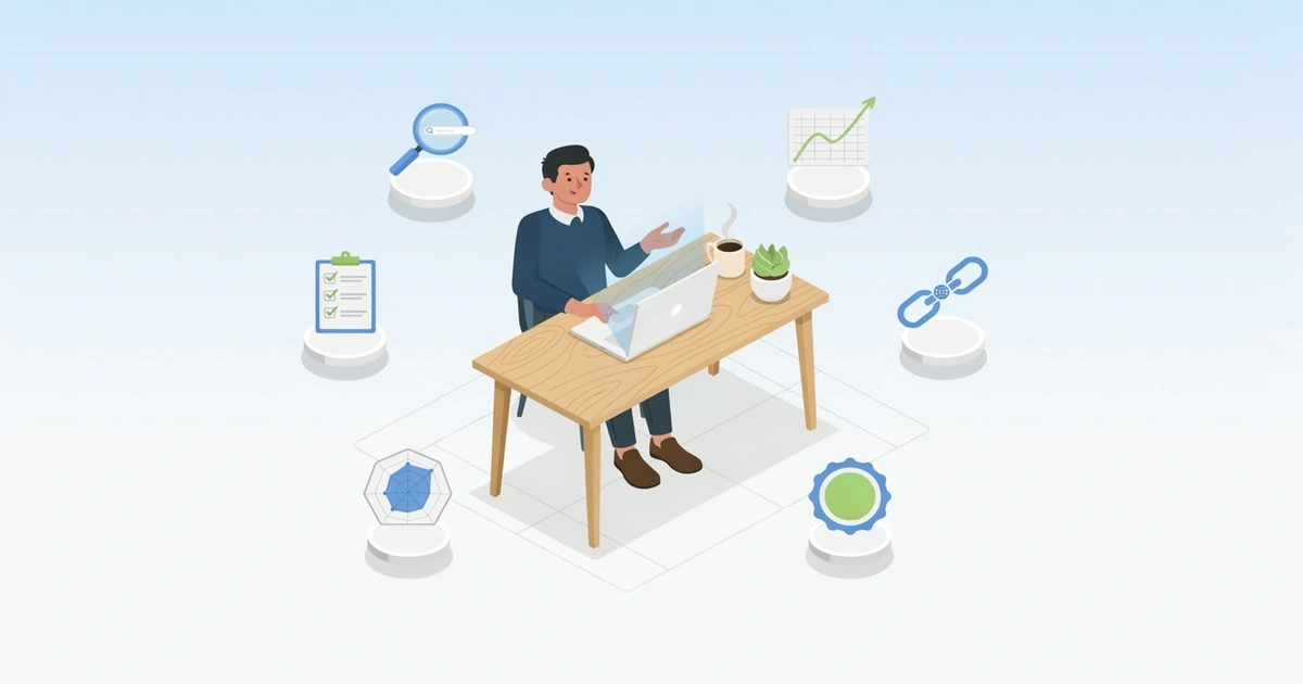 Isometric illustration of a marketer using SEO software at a desk, surrounded by floating icons for keyword research, rank tracking, site audit, backlink analysis, and competitor analysis