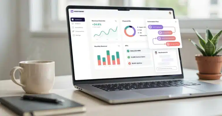 Business owner at a desk surrounded by icons representing different AI software tools
