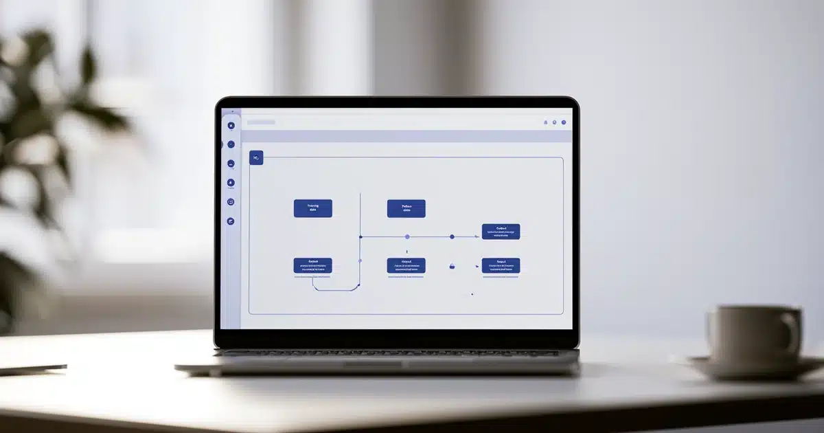 Dashboard mockup showing the four-step AI marketing tool workflow: training, input, pattern-matching, output