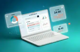 Isometric illustration of a laptop running keyword research software with analytics cards for volume, CPC, and intent