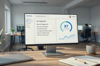 SaaS dashboard mockup displaying on-page SEO score and keyword suggestions