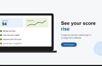 Laptop screen showing on-page SEO software dashboard with a 94 SEO score, optimized title tag and meta description checklist, and a rising monthly performance chart