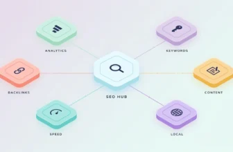 Seven glowing modules representing SEO software categories