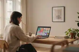Professional using AI image generation tools on a laptop in a bright workspace