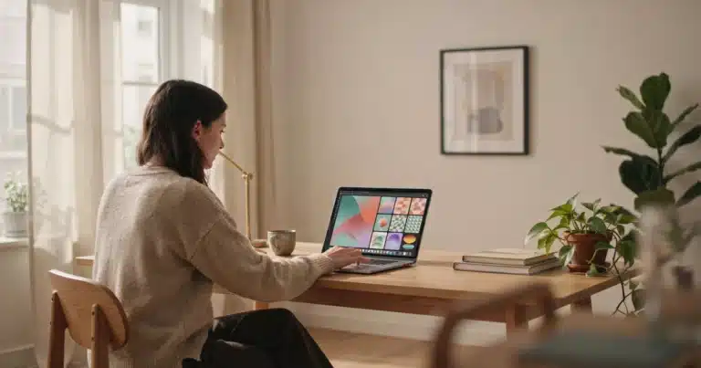 Professional using AI image generation tools on a laptop in a bright workspace