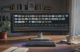 Wide view of a home office using AI video generation tools on a large monitor