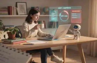 3D rendered illustration of a home office writing setup with a glowing dashboard interface, showing AI writing tools in use