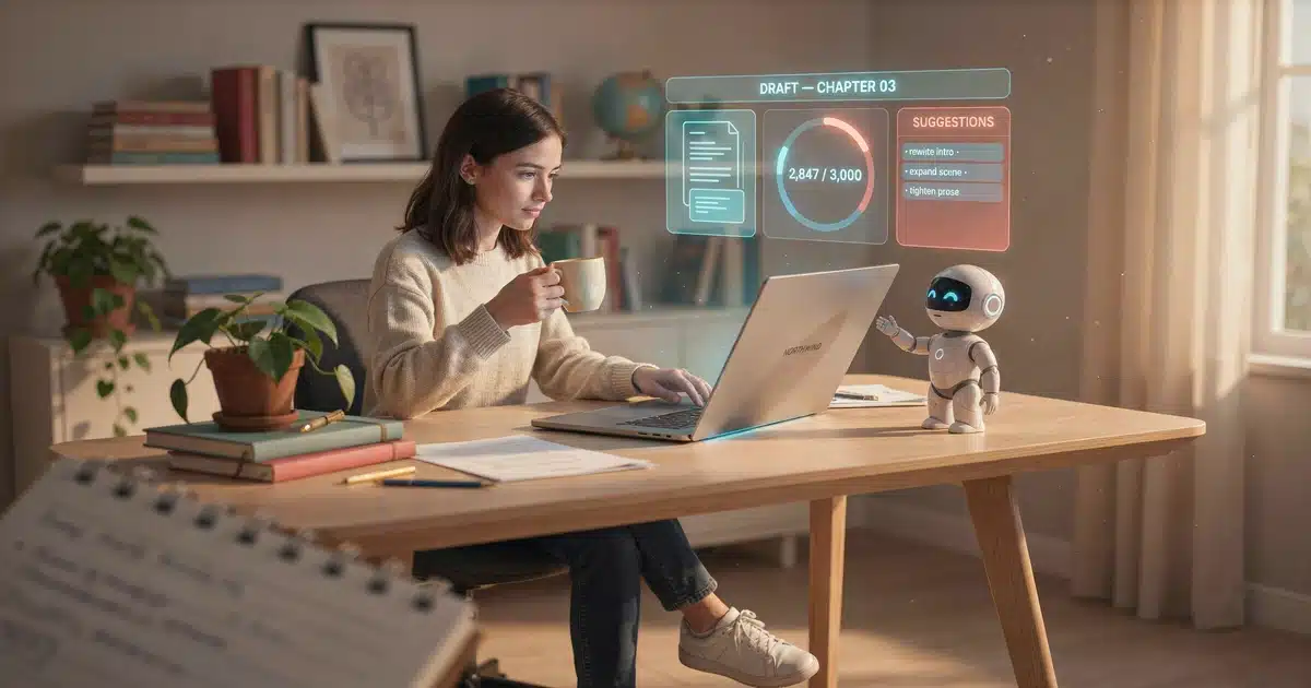 3D rendered illustration of a home office writing setup with a glowing dashboard interface, showing AI writing tools in use