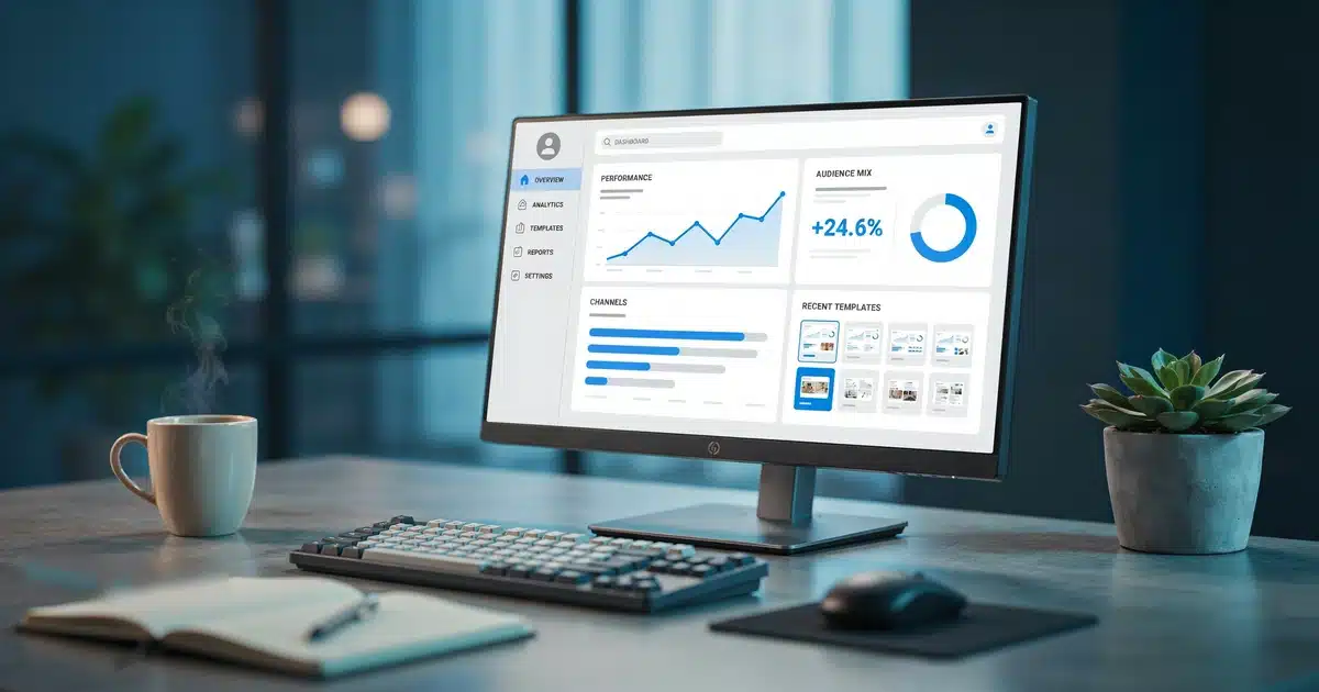Design-style illustration of a landing page builder dashboard with charts