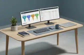 Isometric 3D render of an office desk running lead generation software