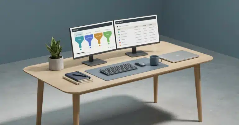Isometric 3D render of an office desk running lead generation software
