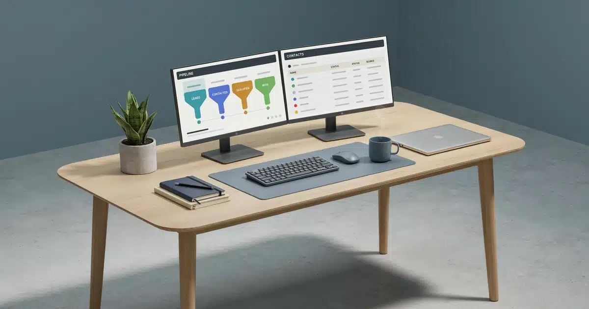 Isometric 3D render of an office desk running lead generation software