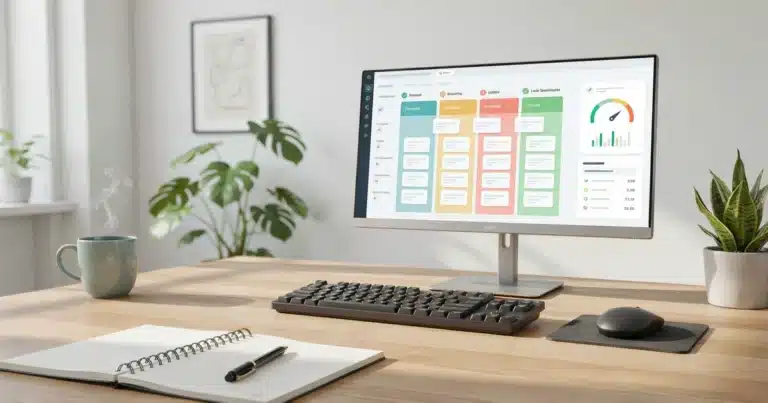 3D render of sales pipeline and lead scoring dashboard on desk monitor