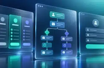 Three floating software panels comparing pricing tiers, automation workflows, and signup forms in email marketing software for small business