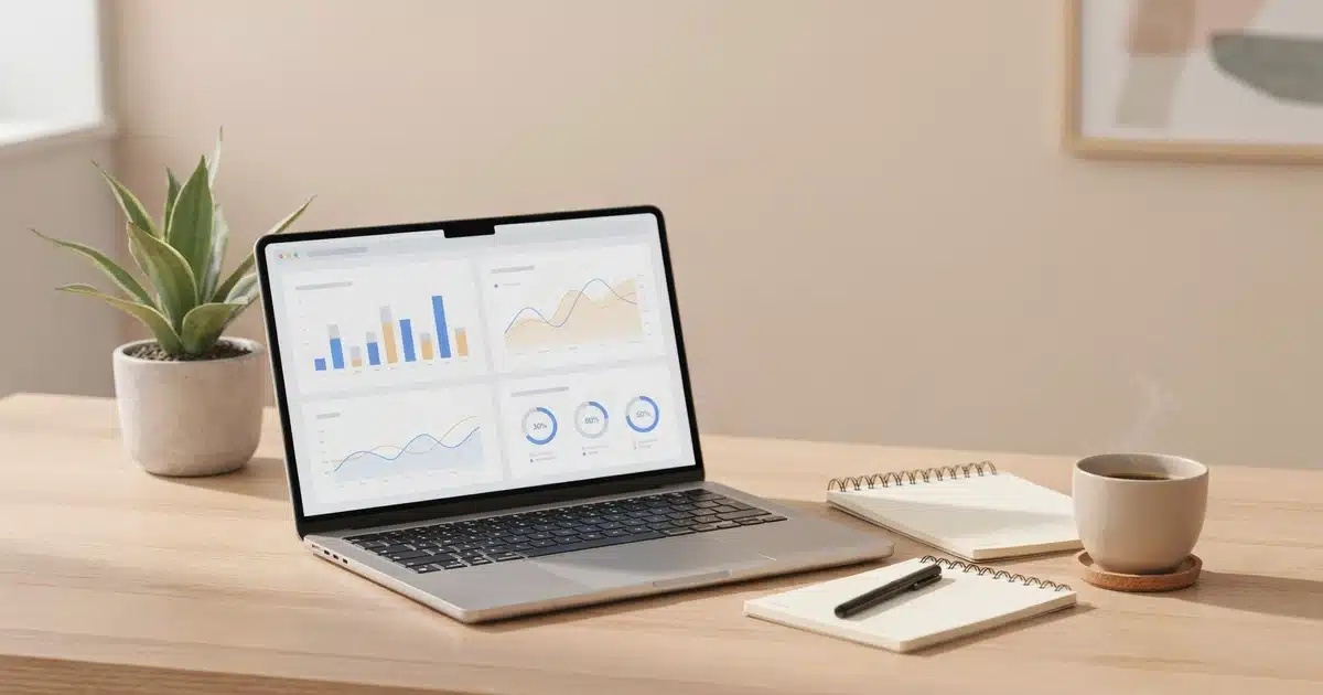 Home office desk with laptop open to an email marketing platform dashboard