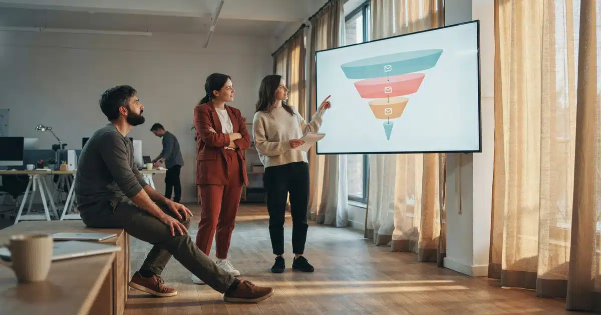 Marketing team collaborating around a screen showing an email marketing workflow