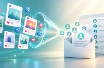 Social media posts flowing through a funnel into an email inbox, showing how followers become email subscribers