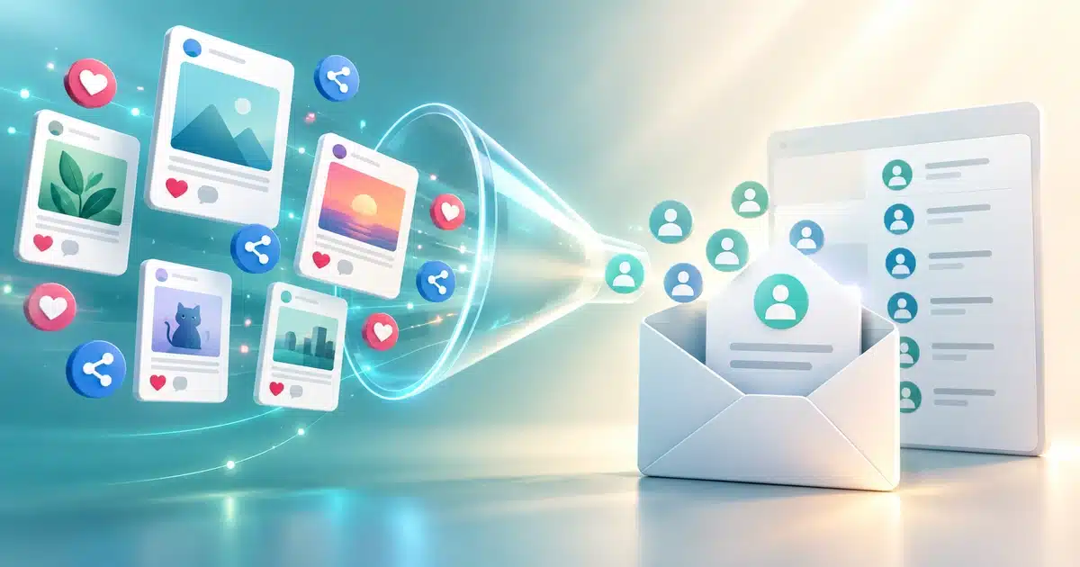 Social media posts flowing through a funnel into an email inbox, showing how followers become email subscribers