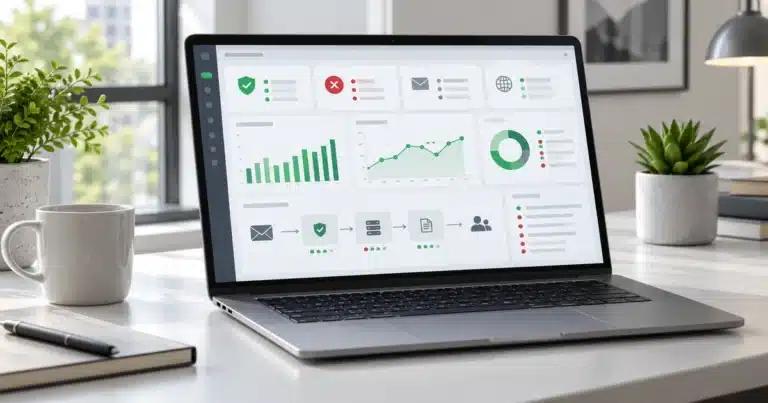 Laptop showing an email authentication dashboard with SPF, DKIM, and DMARC pass and fail results