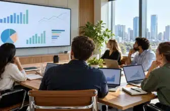 Team at a conference table reviewing charts on a wall display, illustrating responsible use of AI writing statistics