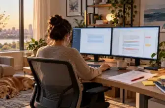 Content editor reviewing an AI writing tool draft with red pen edits at a home office desk