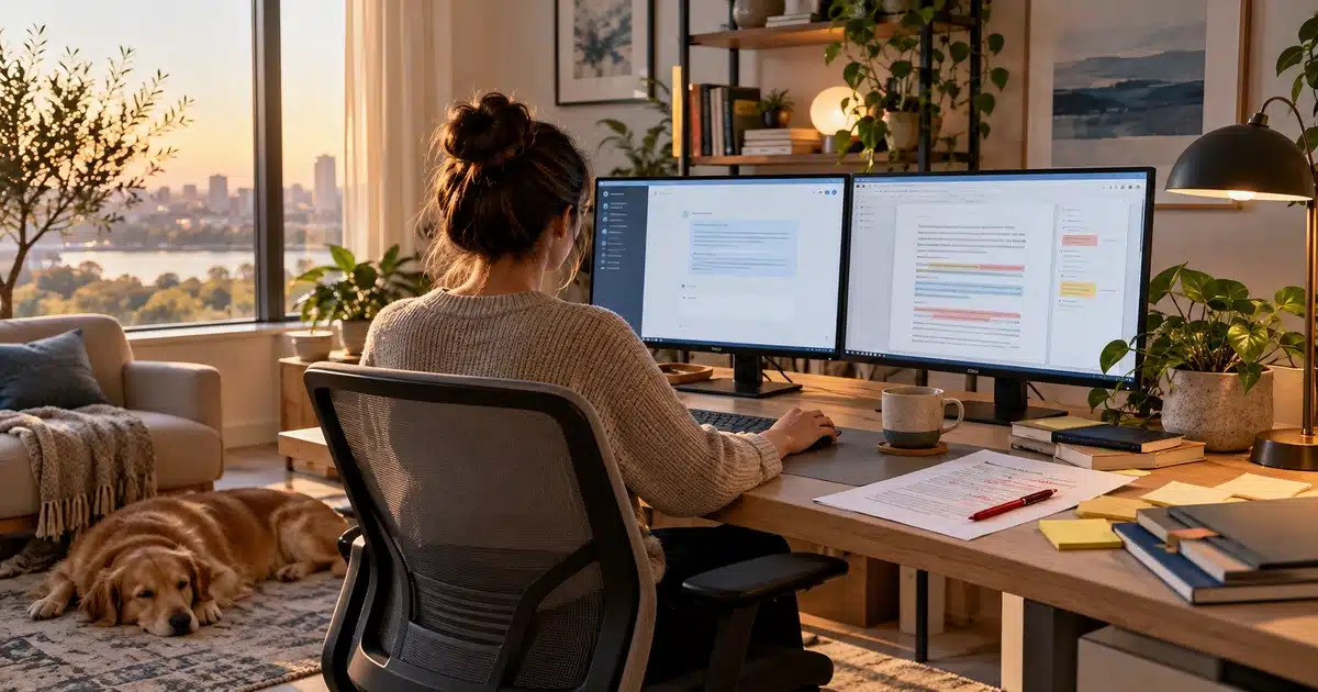 Content editor reviewing an AI writing tool draft with red pen edits at a home office desk