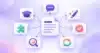Flat illustration of seven icons connected to a central document, showing the seven types of AI writing assistants
