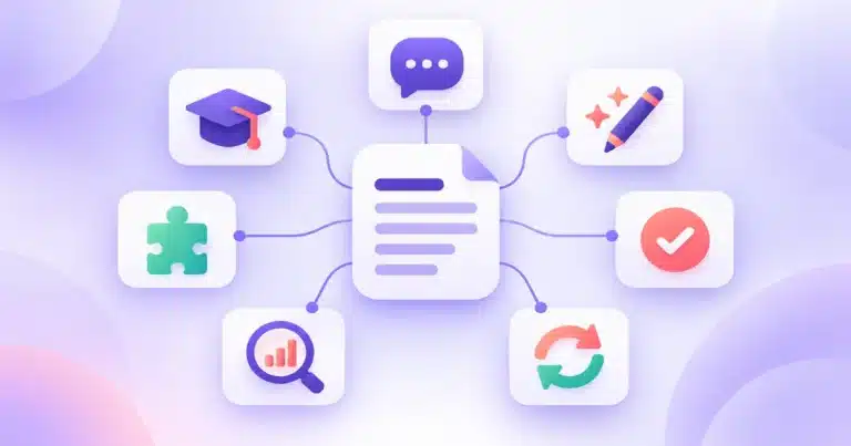 Flat illustration of seven icons connected to a central document, showing the seven types of AI writing assistants