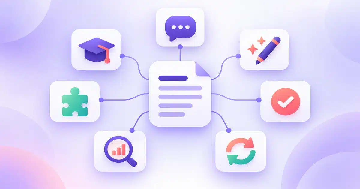 Flat illustration of seven icons connected to a central document, showing the seven types of AI writing assistants